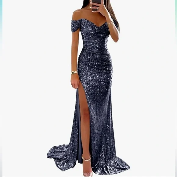 strapless open back dress Navy Blue Tulle A-line V-neck Prom Dress With Ruffle SP792
